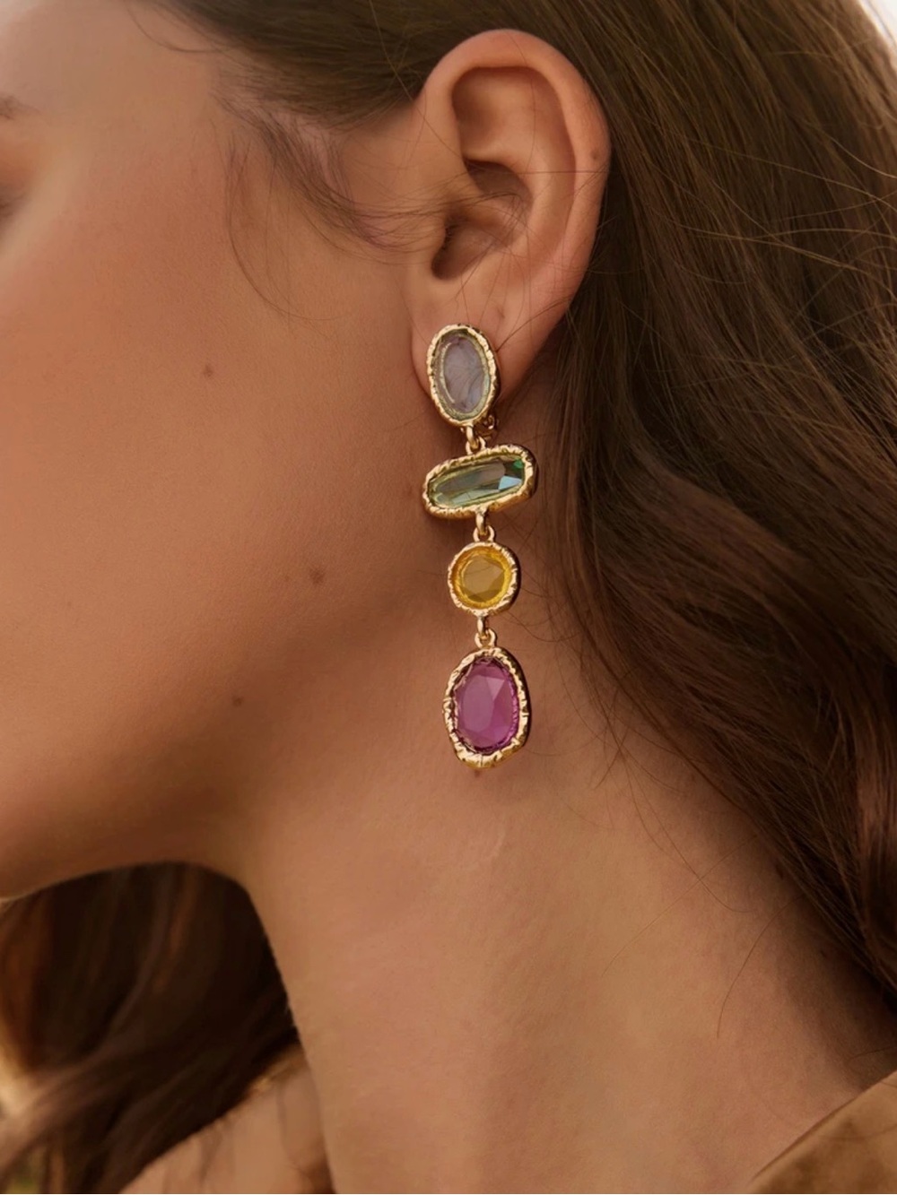 Gold Multi-Stone Drop Earrings A2154 - Picture 1 of 3